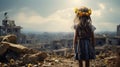 Little girl with a wreath of yellow flowers on her head stands on the ruins of a ruined house. Generative AI.