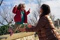 Little girl 2-3 years old happily jumping on hands to mom