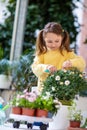 Little elementary age girl caring for balcony flowers, pruning with pruning shears Royalty Free Stock Photo
