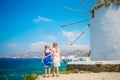 Little girls background of Little Venice the most popular tourist area on Mykonos island, Greece. Royalty Free Stock Photo