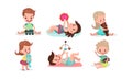 Little Girls And Boys Playing Having Fan With Various Toys Vector Illistrations Set Royalty Free Stock Photo