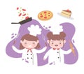 Little girls chef cartoon character with pizza cake and utensils