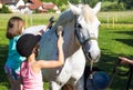 Little girls cleaning horse