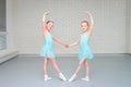 Little girls dancing ballet in studio. Young ballerinas gracefully posing at dance school, copy space Royalty Free Stock Photo