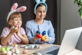 little girls for easter paint eggs, record lessons on web camera with laptop