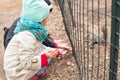 Little girls feeds a squirrel in Central park, New