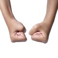 LIttle girls hand doing punching fist gesture, cut out isolated