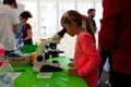 Little Girls learning science at the microscope