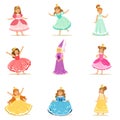 Little Girls In Princess Costume In Crown And Fancy Dress Set Of Cute Kids Dressed As Royals Illustrations Royalty Free Stock Photo