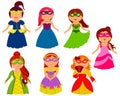 Little girls in princess costume in masquerade mask and fancy dress. A set of cute kids dressed as royalty. vector Royalty Free Stock Photo