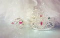 Little girls shiny crown and magic wand and chiffon dress with glitter overlay. selective focus Royalty Free Stock Photo