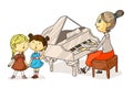 Little girls singing song and teacher plating piano isolated on white. Woman and kids. Cartoon chorus people characters