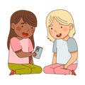 Little Girls Sitting with Smartphone Playing and Watching Vector Illustration