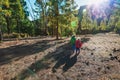 Little girls travel in nature, family hiking in mountains Royalty Free Stock Photo