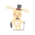 Little Girly Cute White Pet Bunny In Gentleman Costume With Top Hat, Cartoon Character Life Situation Illustration