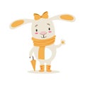 Little Girly Cute White Pet Bunny In Orange Autumn Clothes With Umbrella, Cartoon Character Life Situation Illustration