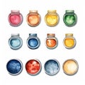 Little glasses filled with different watercolors isolated on white created with Generative AI