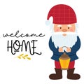 A little gnome with a beard and a red hat stands and holds a lantern in his hands. A card with a small dwarf and the words Welcome Royalty Free Stock Photo