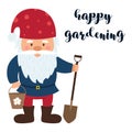 A little gnome with a beard and a red hat stands and holds a shovel and bucket in his hands. A card with small dwarf and the words