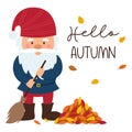 A little gnome with a beard and a red hat sweeps autumn fallen leaves. A postcard with small dwarf and the words Hello autumn.