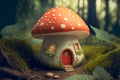 Little house in the fly agaric mushroom in the Fairytale forest. Generative AI Royalty Free Stock Photo