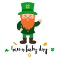 A little gnome with a red beard and a green hat with clover waves his hand. A postcard with a small dwarf and the words