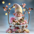 Little gnome sleeping in a flower basket illuminated by delicate enchanted lights. Royalty Free Stock Photo