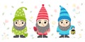 Little gnomes. Hand drawn garden gnome sketch. Cartoon vector illustration. Cute dwarfs characters with bucket, lantern, shovel