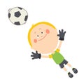Little goalkeeper catching a soccer ball. Cute boy playing soccer on the football field. Happy kid playing with a ball Royalty Free Stock Photo