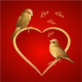 Little golden birds and hearts valentines place for text red background vintage vector illustration editable Royalty Free Stock Photo