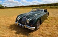 Classic 1960 Jaguar XK150 drop head coupe parked in field.