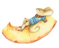 Little gray mouse in blue jacket lies on the piece of pumpkin