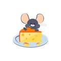 Little Gray Mouse Chewing Cheese on a Plate Royalty Free Stock Photo