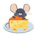 Little Gray Mouse Chewing Cheese on a Plate. Vector Illustration Royalty Free Stock Photo