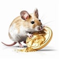 Little gray mouse nibbles on a gold coin, isolated on white close-up.
