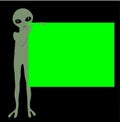 Little Green alien little holding a 1920 X 1440 ratio green screen vector illustration against dark background