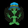 Little green alien meditating. Alien Yoga showing piece signs. Cannabis Culture. Vector Illustration.Vector Illustration Royalty Free Stock Photo