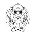 Little green alien meditating. Alien Yoga showing piece signs. Space ships.Vector Illustration. Royalty Free Stock Photo