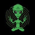 Little green alien meditating. Alien Yoga showing piece signs. Space ships.Vector Illustration. Royalty Free Stock Photo