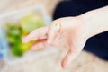 Little green caterpillar crawls on the child`s finger. Royalty Free Stock Photo