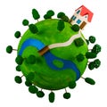 Little green planet with toy house. Royalty Free Stock Photo