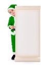 Little green Santa Claus boy pointing at big wish list