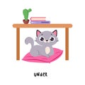 Little Grey Cat Sitting Under Table on Pillow as English Language Preposition for Educational Activity Vector Royalty Free Stock Photo