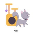Little Grey Cat Walking Past Scratching Post as English Language Preposition for Educational Activity Vector
