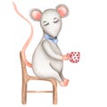 Little  Grey Mouse sitting on the chair with cup. Cute cartoon Christmas animal rat or mouse. Watercolor illustration. Christmas Royalty Free Stock Photo
