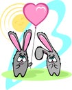 Little grey rabbit gives a balloon in the shape of a heart