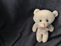 Little grey teddy bear doll on navy blue cotton fabric on background Royalty Free Stock Photo