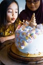 Little gril is blowing the candles on a birthday cake