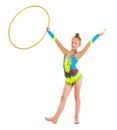 Little gymnast doing an exercise with hoop