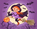 Little Halloween witch. Girl flying on broomstick with black cat and glowing pumpkin head. Full moon and bats. Young Royalty Free Stock Photo